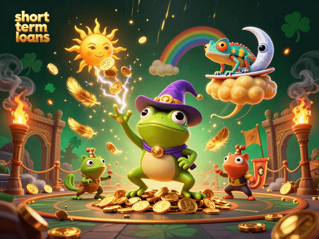 Experience short term loans with a vibrant 3D illustration of a wizard frog and chameleon in a golden casino theme.