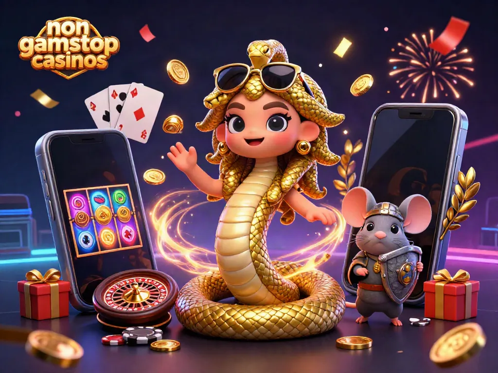 Experience non gamstop casinos with a vibrant 3D illustration of Medusa and a warrior mouse amidst casino elements.