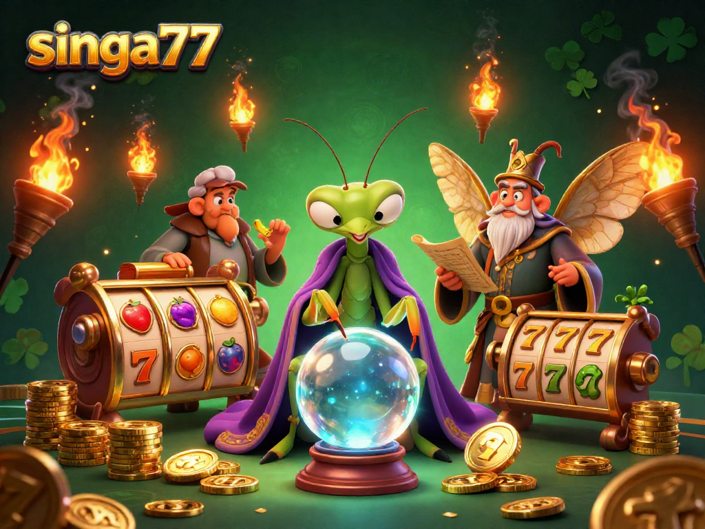 The singa77 casino scene showcases whimsical characters like a fortune teller and librarian amidst vibrant slot reels and coins.