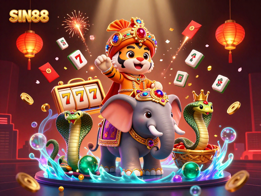 SIN88 showcases a vibrant 3D scene with a maharaja tiger, elephant, and cobra amidst slot reels.