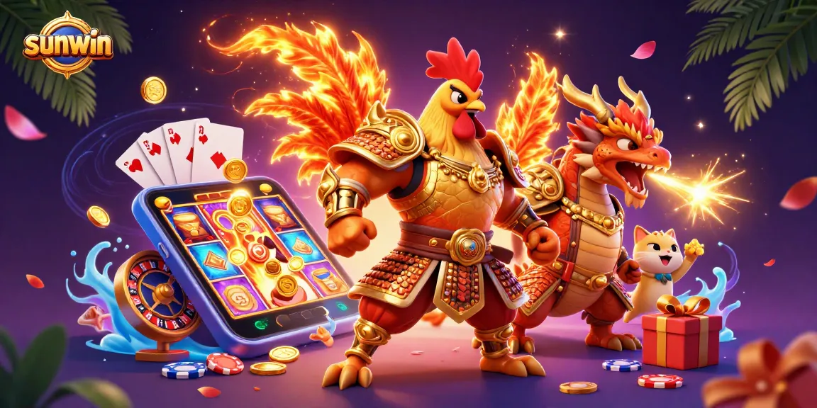Experience thrilling gameplay with sunwin in a vibrant casino-themed 3D illustration featuring warriors and gaming elements.