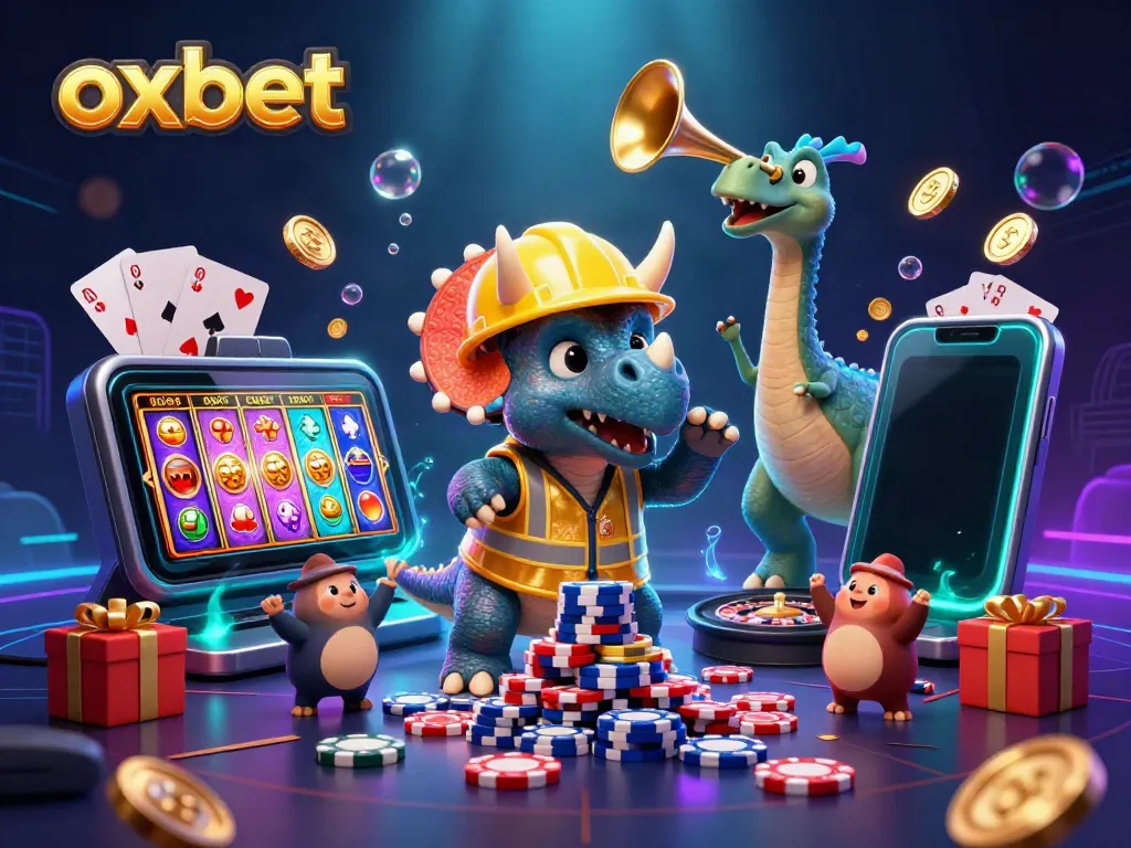 Experience the excitement of oxbet with vibrant casino elements and playful dinosaur characters.