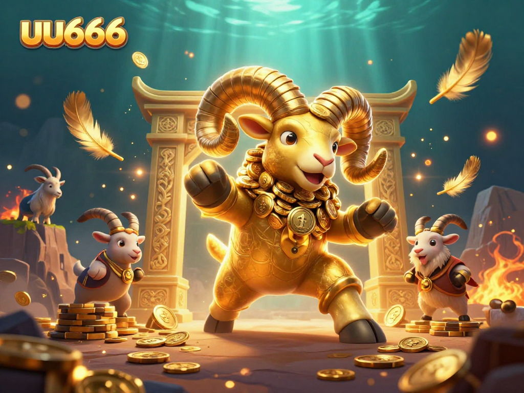 uu666 features a golden ram charging through a casino scene filled with coins, flames, and spinning betting tokens