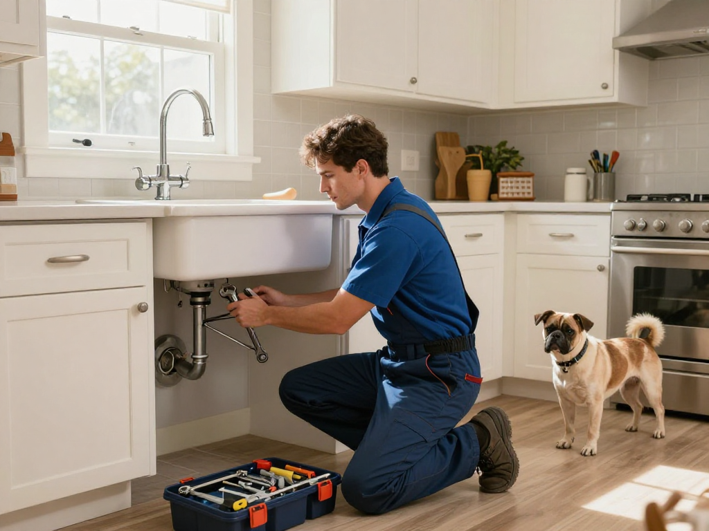Plumber Fort Worth fixing kitchen sink with tools in bright, modern home.