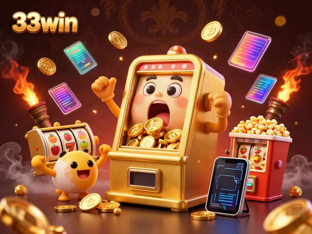 Experience excitement with 33win as a cheerful golden slot machine hits the jackpot.