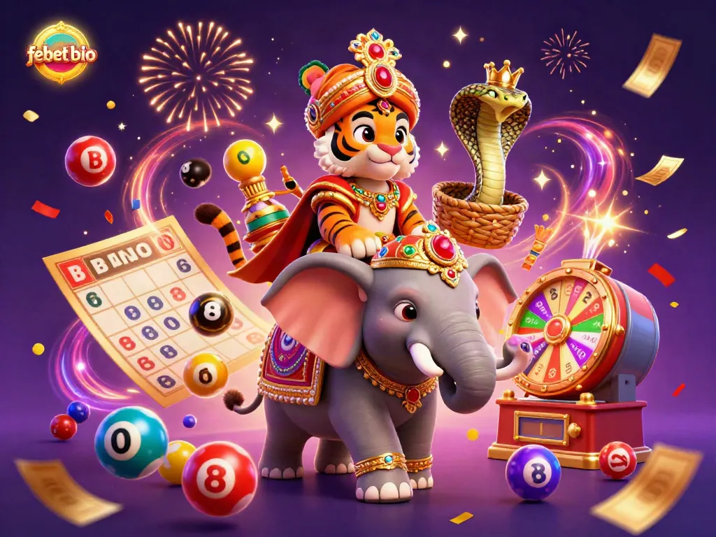 Experience the vibrant gameplay of febet bio with a colorful 3D illustration of a maharaja tiger and elephant amidst lottery elements.