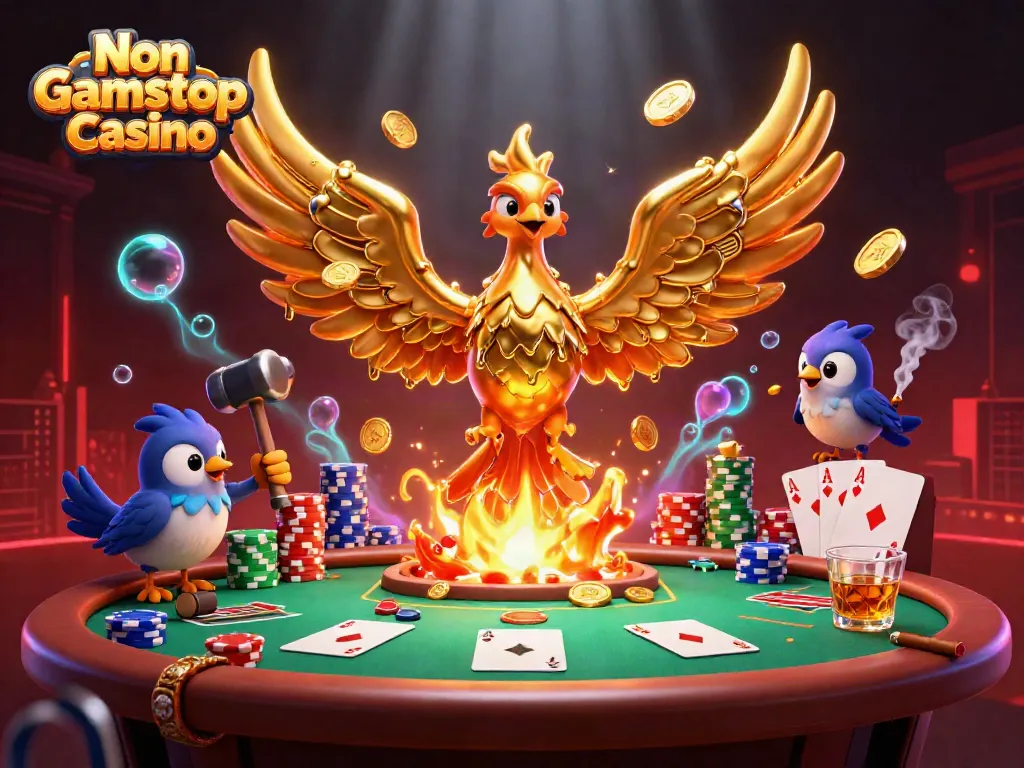 Experience the thrill of Non Gamstop Casino with a phoenix rising from a poker-themed scene.