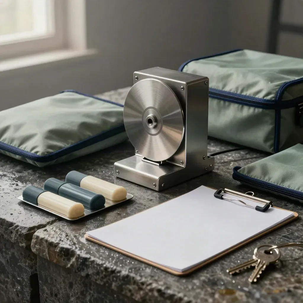Brushed-steel route sorter with dispatch pouches and markers on damp stone in dramatic studio light.