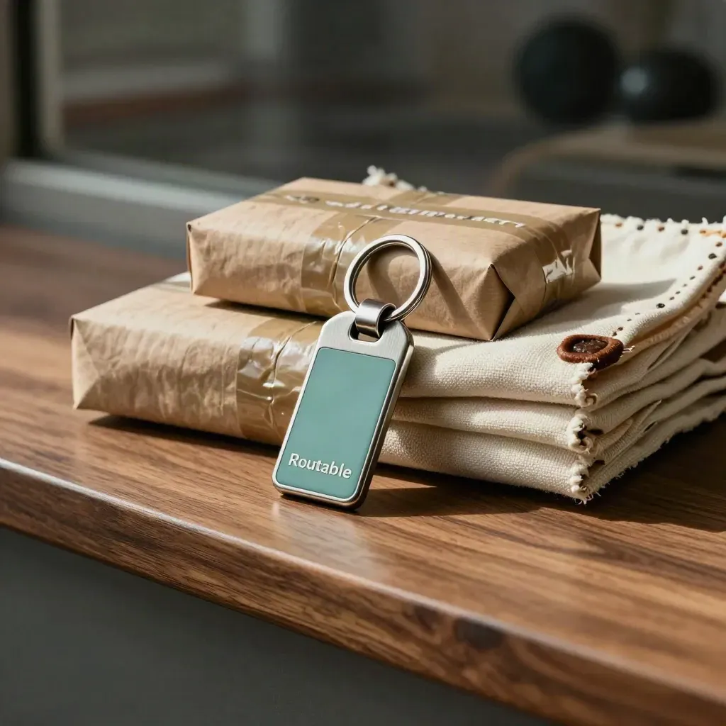 Courier van key ring, parcel returns and route pouches on a dark studio ledge
