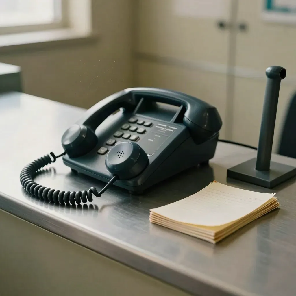 Macro of a phone handset, headset stand, and face-down slips on a dispatch counter.