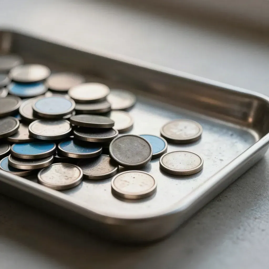 Magnetic route tokens and van fobs arranged in a steel tray under soft light