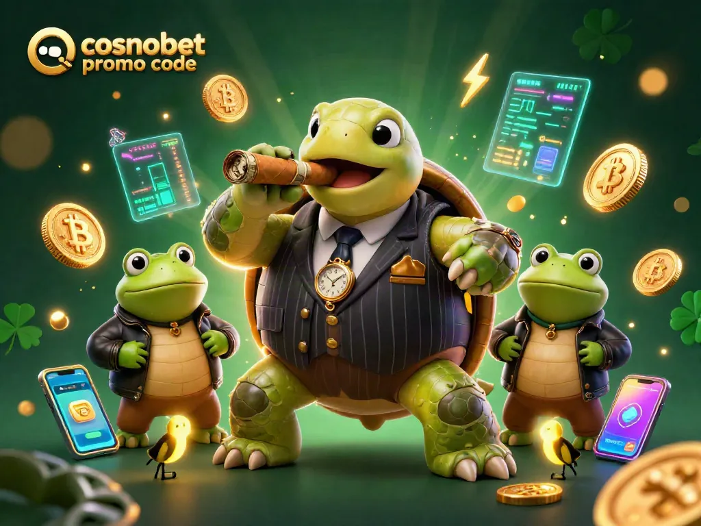 Engage with the vibrant cosmobet promo code illustration featuring a lively casino scene with characters and crypto elements.