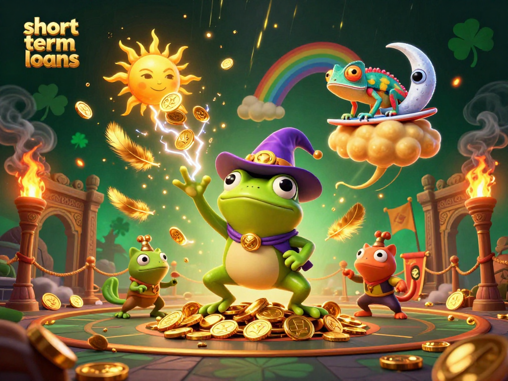 Experience short term loans with a vibrant 3D illustration of a wizard frog and chameleon in a golden casino theme.