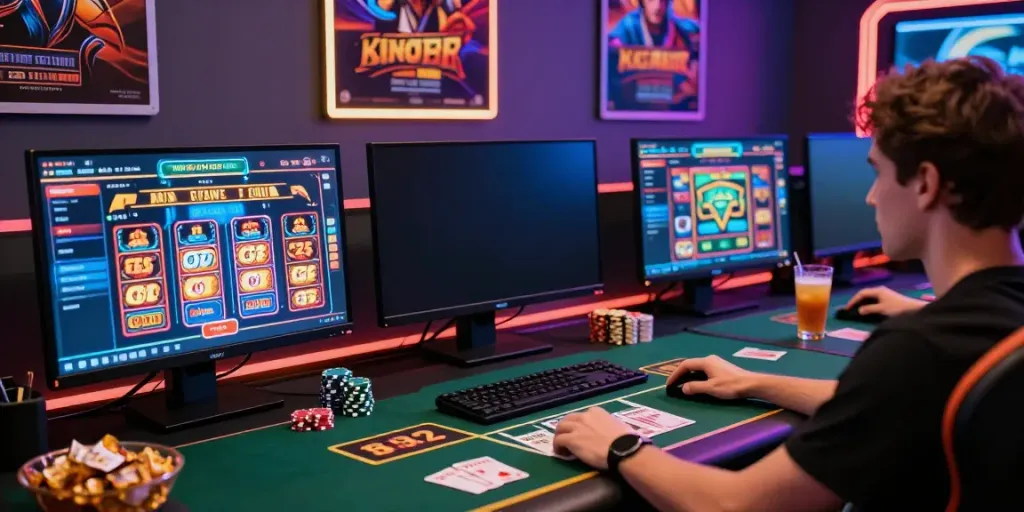 Player engaging with non gamstop casinos on colorful gaming setup.