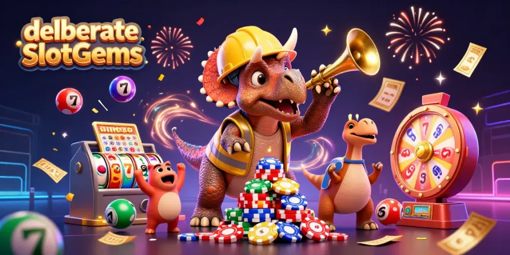 Engage in the excitement of deliberate SlotGems with a dynamic scene of cartoon dinosaurs celebrating a jackpot.