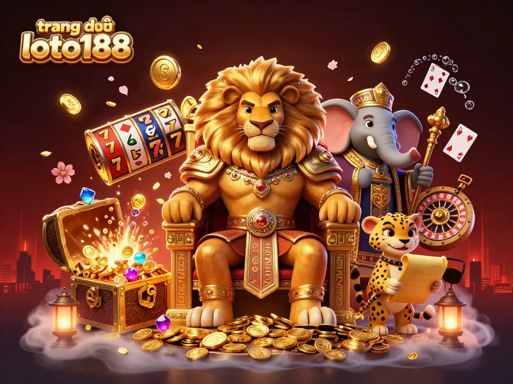 Experience the vibrant world of trang chủ loto188 with a fierce lion, wise elephant, and quick cheetah amidst gaming elements.
