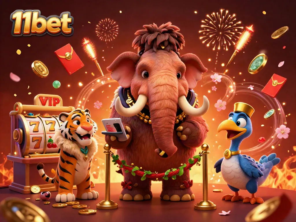 Experience the thrill of 11bet at a vibrant casino featuring a woolly mammoth bouncer and festive elements.