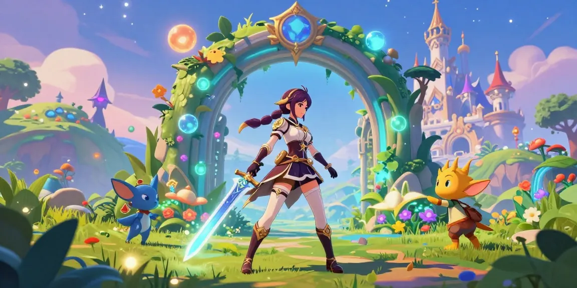 Female protagonist in a fantasy game world, showcasing vibrant colors and magical elements, perfect for female protagonist hentai games.