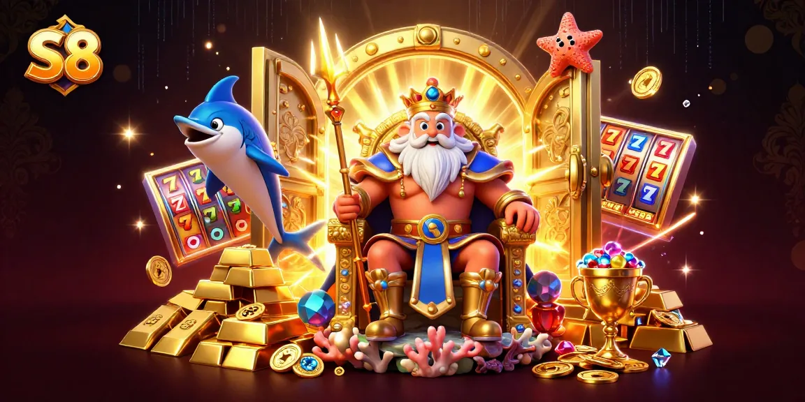 Experience the thrill of S8 slots with Neptune and treasure-filled adventure in this vibrant illustration.