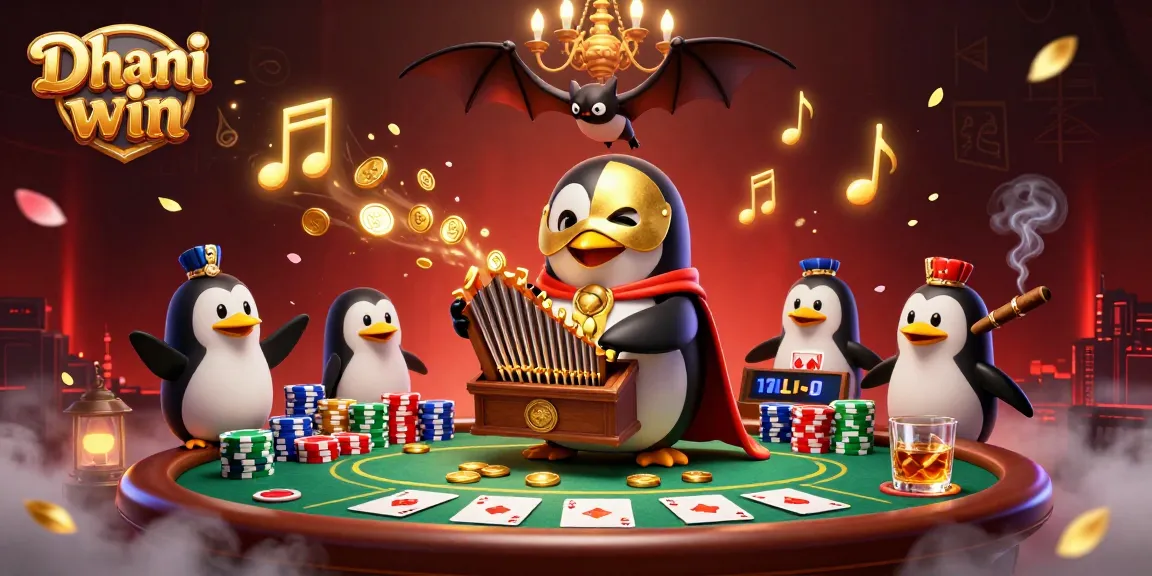 Dhani win engages players with dynamic gaming action featuring a cartoon penguin playing jackpot tunes and betting excitement.