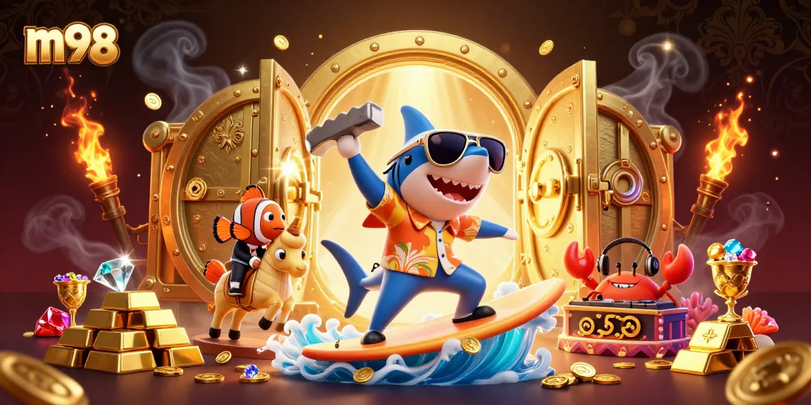 Win big with m98 in this vibrant 3D illustration featuring casino characters and dynamic golden elements.