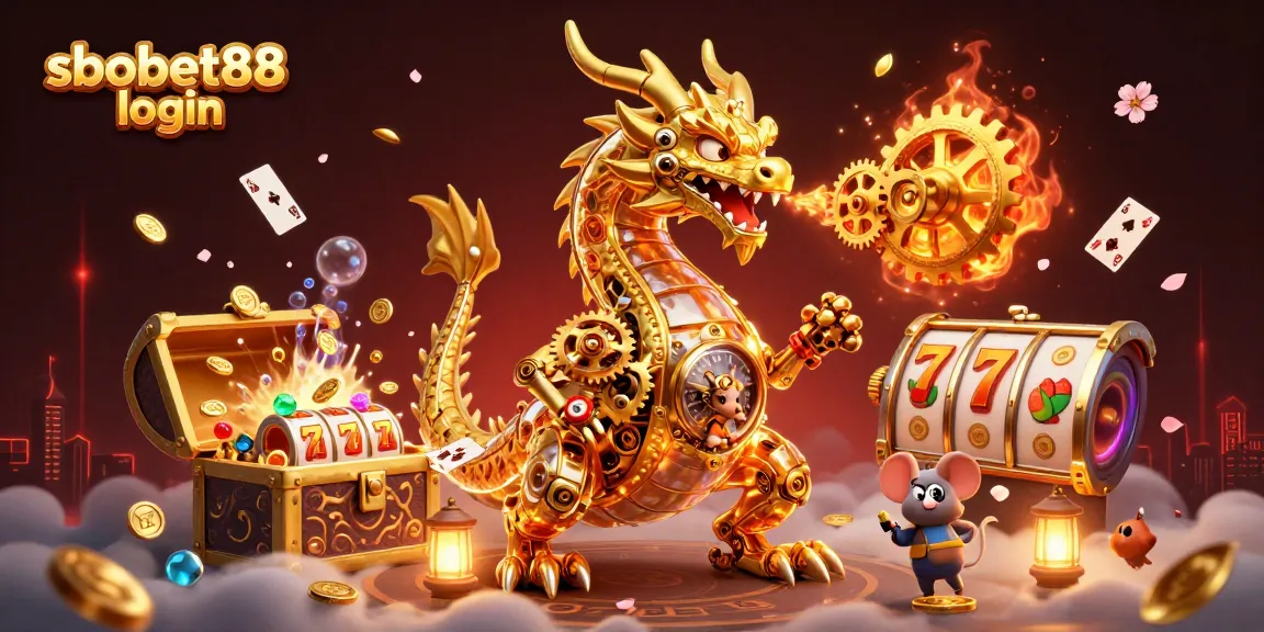 Win big with sbobet88 login in this vibrant 3D illustration of a golden dragon and slot games!