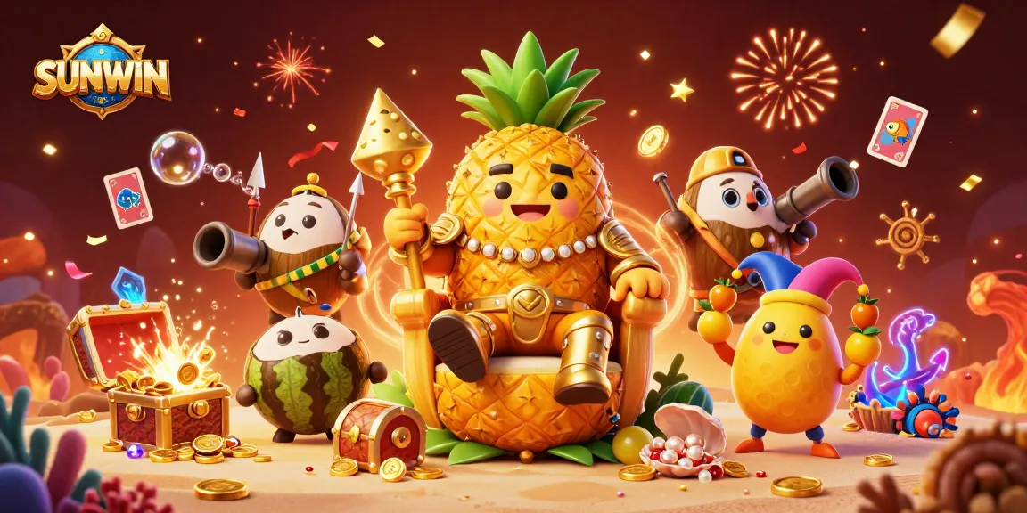 SUNWIN captivates with a golden pineapple king sitting on a throne, amidst beach casino fun.