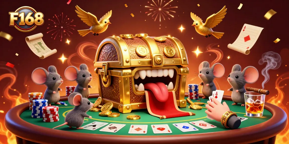 Engage with F168's golden treasure chest as adventurer mice chase after poker riches in a vibrant casino scene.