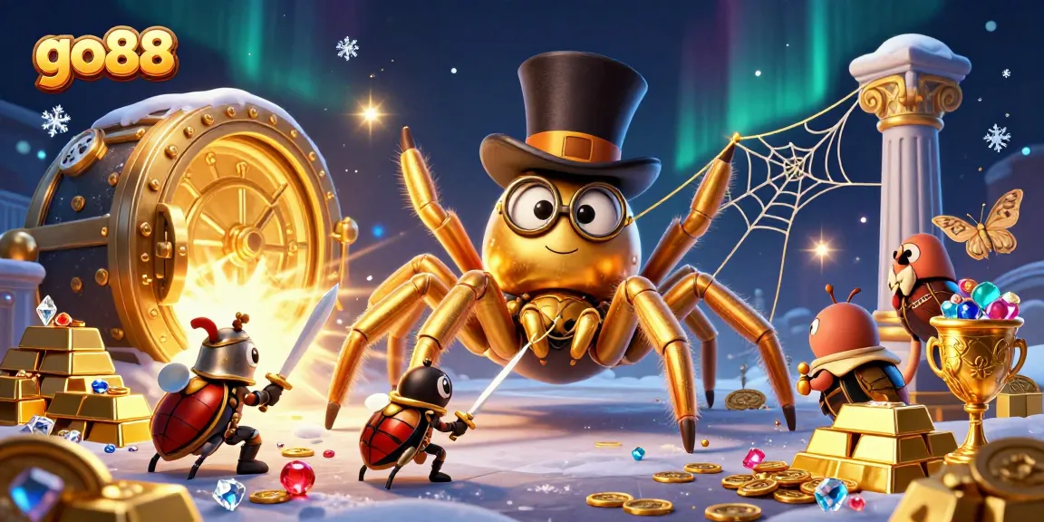 Engage with go88's thrilling casino experience through a dynamic 3D illustration of colorful characters and golden treasures.