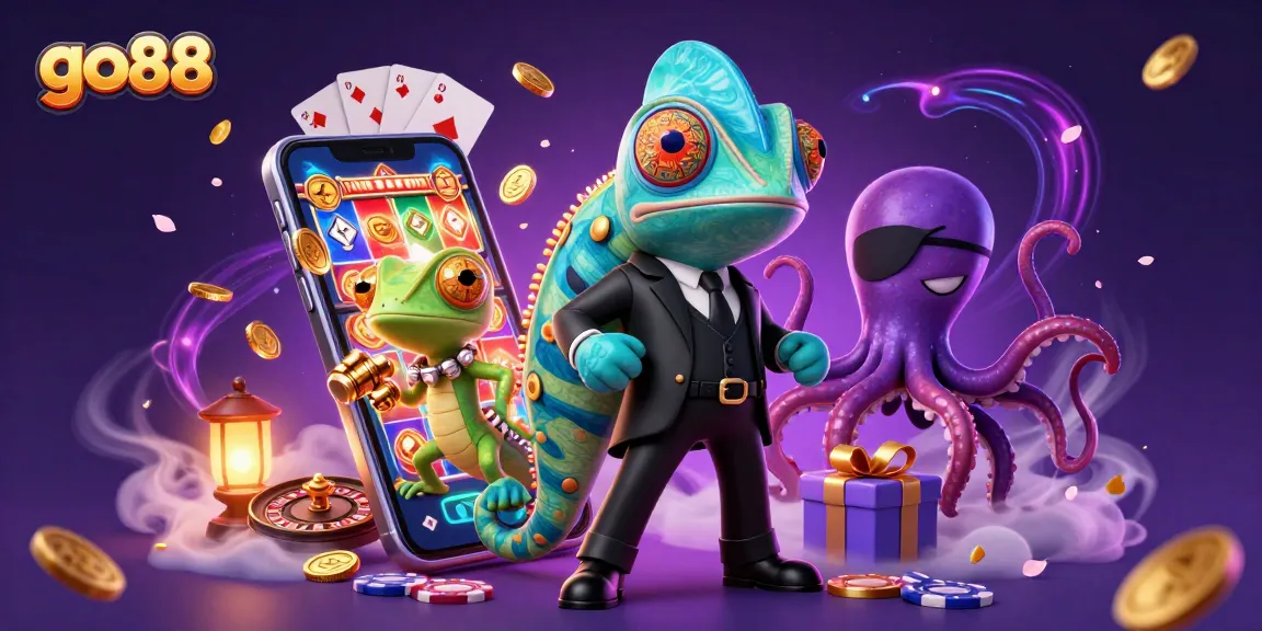 go88's thrilling gaming scene showcases a vibrant casino atmosphere with colorful elements and dynamic characters.